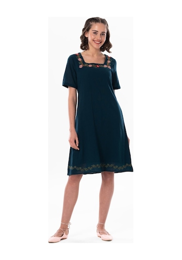 Kısa Kol Şile Bezi Kare Yaka Narin Kısa Yazlık Elbise Petrol Ptrl-petrol