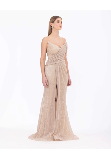 Büzgülü Kırlangıç Yakalı Pul Detaylı Abiye-gold Gold