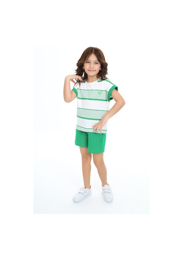 Toontoy Kız Çocuk Çizgili Kalp Nakışlı Şortlu Takım Çimen Yeşili