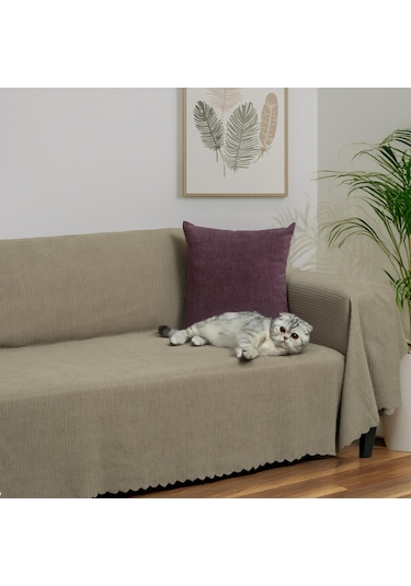 Mikrofiber Şönil Fitilli Minimalist Koltuk Örtüsü -175x350 Cm Xlarge, Çift Taraflı, Kaymaz, Terletmez Kapuçino Kapuçino