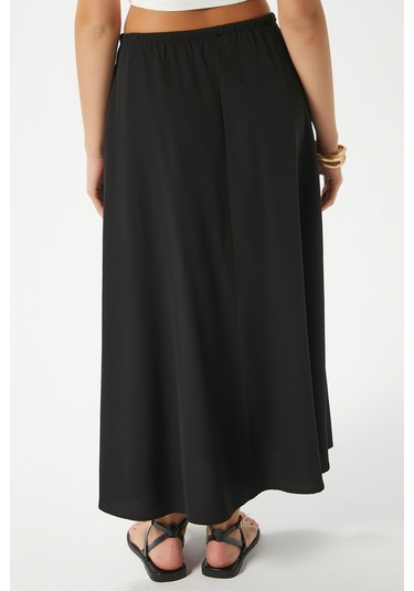 Kadın Seaside Siyah Astarlı Bel Lastikli Cepli Dokuma Uzun Etek Siyah