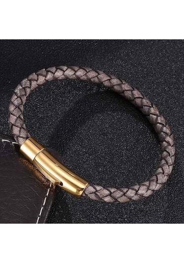 Novahub Erkekler İçin Vintage Hakiki Deri Bileklik Charm Tasarımı Paslanmaz Çelik Toka Örgü İp Zincir Bilezikler Takı Bileklik Altın Altın