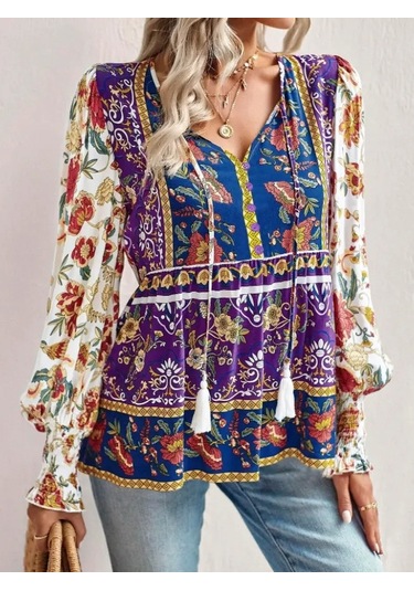 Nnstartshopping Kadın Uzun Kollu Yakası Açık Bağcıklı Çiçek Desenli Salaş Bluz Desenli