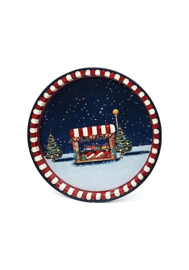 Winter Desenli Yuvarlak Metal Tepsi, 31,5 Cm