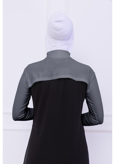 Balıkçı Yaka Boyunluklu Kolluk Açık Gri - Likralı Dik Yakalı Kadın Body Tesettür Crop Bolero Açık Gri