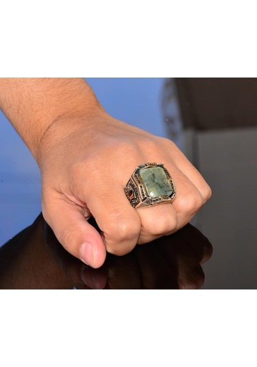 Gerçek Prehnit Yeşim Taşı Yüzük - Ayar Gümüş Erkek Bant Yüzüğü Gümüş