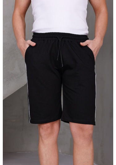 Dark Moda Erkek Şeritli Oversize İki İplik Kompakt Şort Siyah
