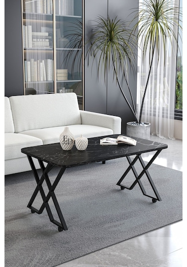 Milano Tekerlekli Orta Sehpa Siyah Metal - Siyah Mermer Tabla