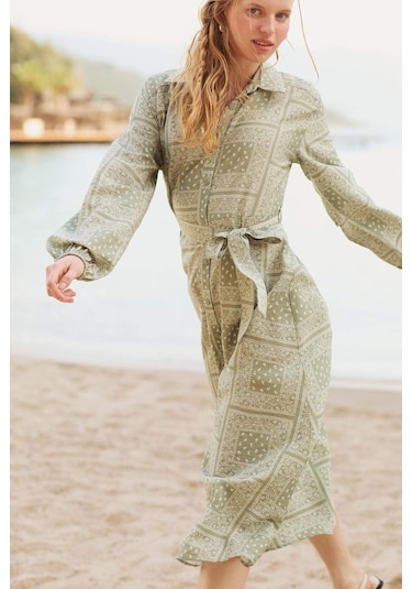 Defacto Gömlek Yaka Desenli Aerobin Uzun Kollu Kuşaklı Midi Elbise C2501AX24SMKH271