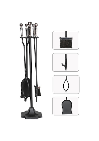 5 Li Lüx Ithal Gümüş Topuz Başlıklı Şömine - Soba Maşa Takımı Aksesuar Seti