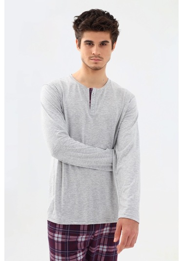 Erkek Pamuklu Uzun Kollu Önü Patlı Ekose Desenli Pijama Takımı Ko60105 Mor
