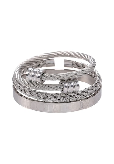 Chavin 3 Lü Örgü Roma Rakam Kelepçe Çelik Erkek Bileklik Eu25 Gri