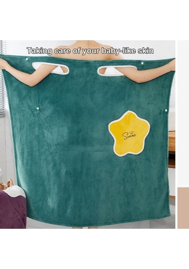 Pazly Kadınlar İçin Kışlık Kalın Peluş Bornoz, Koral Polar, Volanlı, Omuz Açık, Hızlı Kuruyan Havlu, Yeşil Yeşil