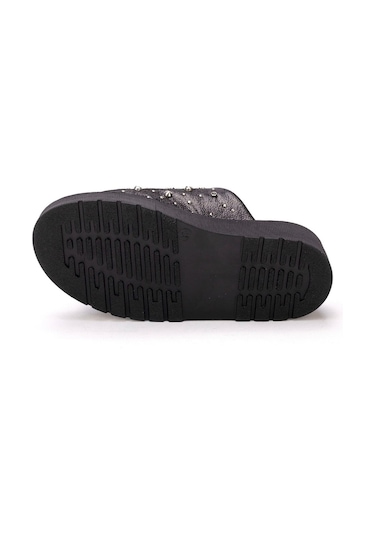 Kadın Siyah Simli Hakiki Deri Taşlı Yumuşak Kalın Tabanlı Terlik