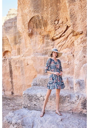 Monamise Kadın Etnik Desenli Truvakar Kollu V Yaka Elbise 23064