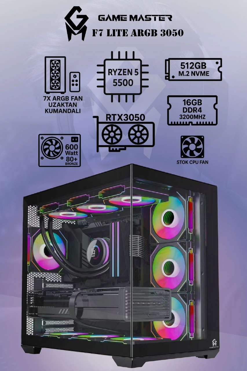 Game Master F7 Lite R5-5500 16 GB 512 GB RTX3050 Dos Masaüstü Oyuncu Bilgisayarı