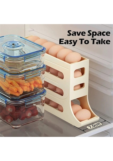 Ranyeek Beyaz Otomatik Yuvarlanan Yumurta Depolama Kutusu - 30 Yumurta Kapasitesi, Soğutucu Tahtası Tasarımı, Kaymaz Önleme Ayakları Beyaz