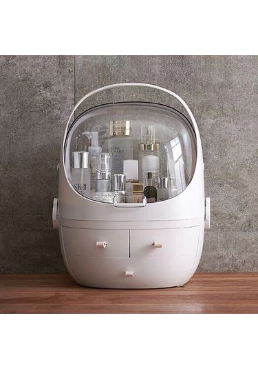 Sones Taşınabilir Toz Geçirmez Şeffaf Yuvarlak Kozmetik Çekmece Tipi Saklama Kutusu Küçük İnci Beyazı