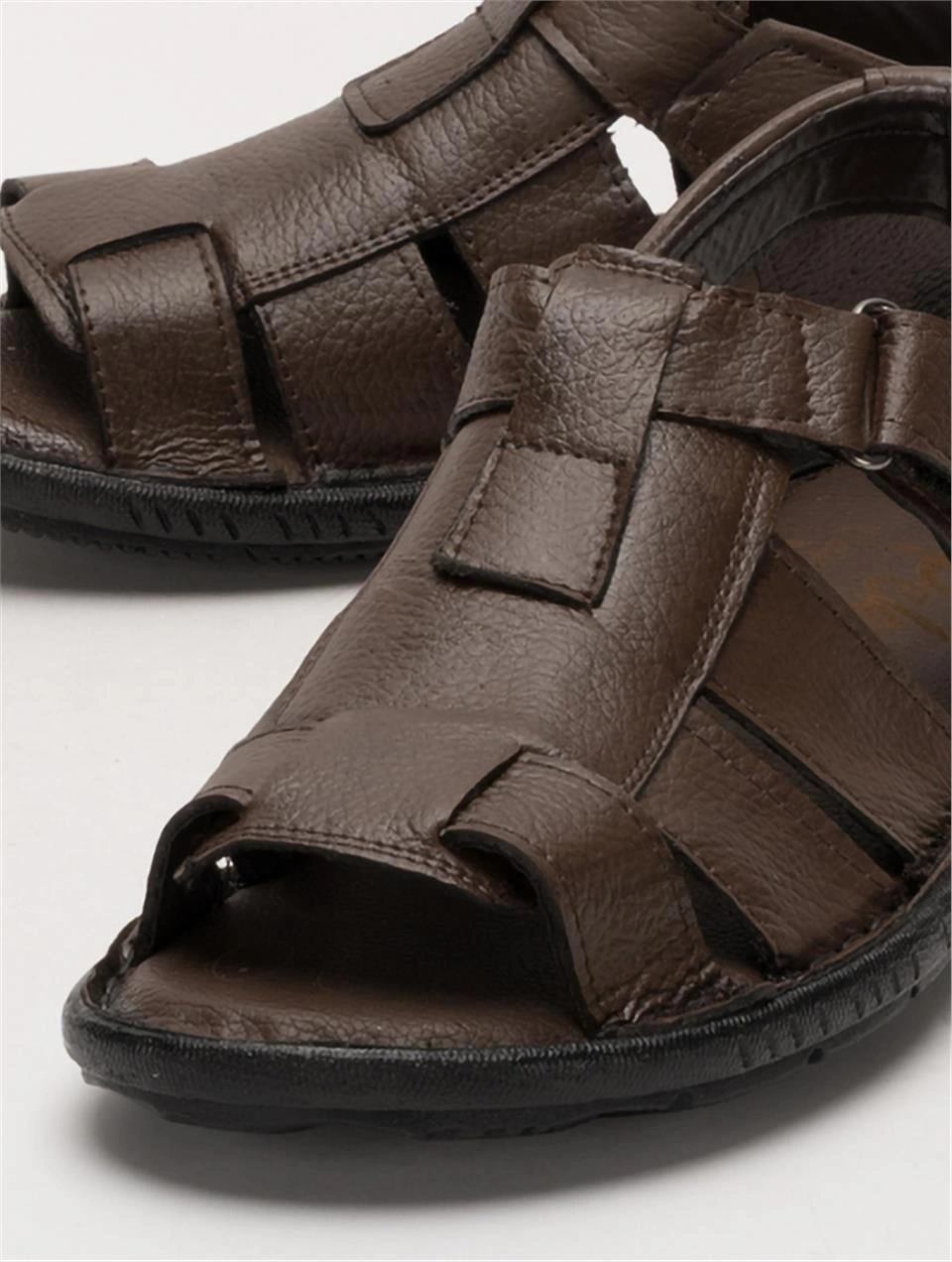 Erkek Hakiki Deri Cırtlı Sandalet Kahverengi - Siyah Kahverengi - Siyah