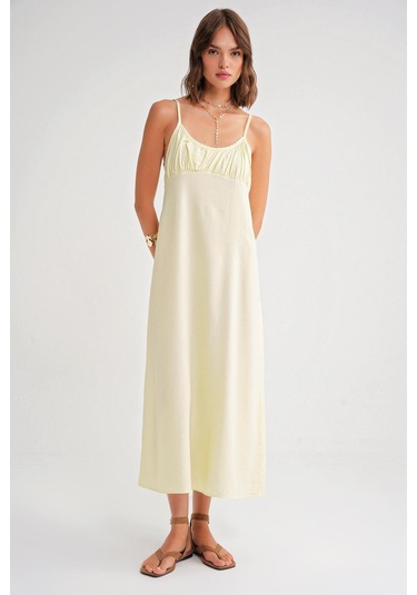 4742 Kadın İp Askılı Büzgü Detaylı Midi Elbise Sarı Sarı