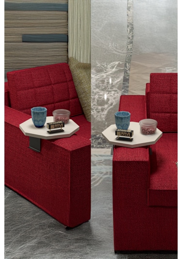 İkili Yan Sehpa Ayarlanabilir Tepsi Sekizgen Krem