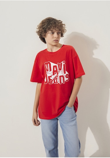 Mavi - Mavi Jeans Baskılı Kırmızı Tişört 6610281-88523 Kırmızı