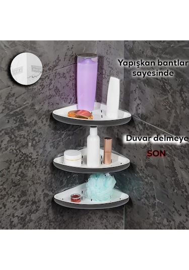 Porsima 0447 3'lü İstiridye Banyo Köşe Rafı Yapışkanlı Raf Antras Antrasit