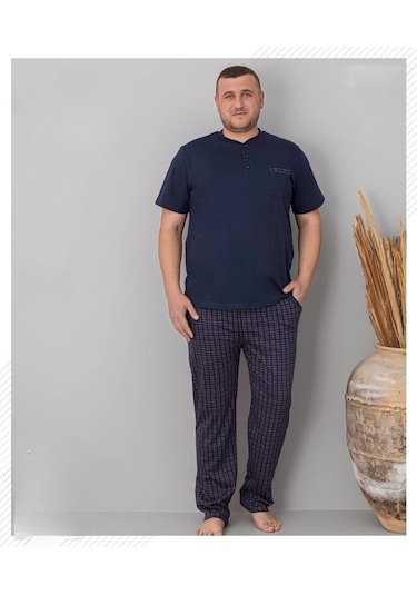 Pijamoni Erkek Battal Düğme Yaka Penye Kısa Kol Pijama Takımı 6730/6 - 1 Adet Lacivert