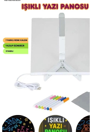 Neon Işıklı 7 Renk Işık Boyama Kalemli Led Resim Panosu Boyama Tahtası Kalemleri 20 X 20 Renkli