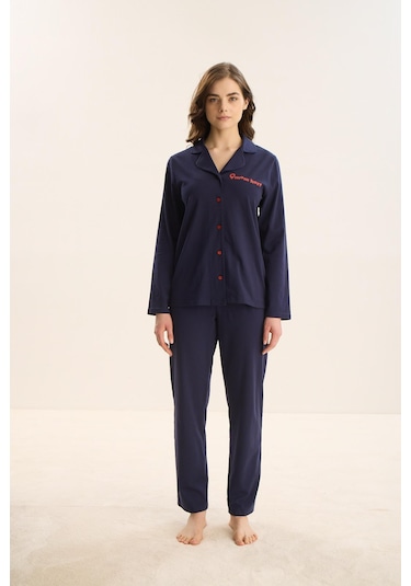 Kadın Uzun Kol Önden Düğmeli Lacivert Pijama Takım C3t9n9o51 001