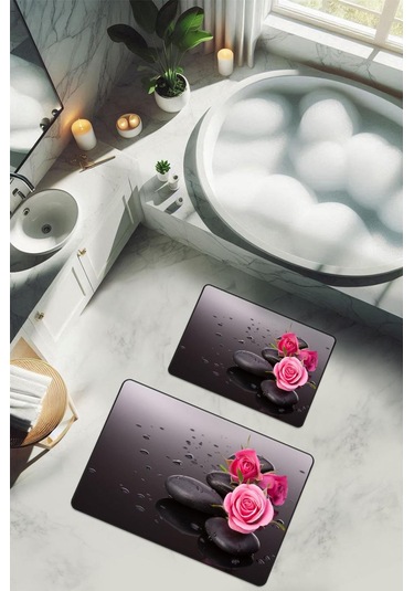 Yıkanabilir Kaymaz Tabanlı Modern Desenli 2'li Banyo Paspas Takımı Bps0033 Renkli