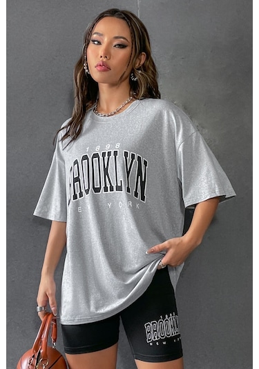 Modagen Kadın Gri Bisiklet Yaka Brooklyn Baskılı Oversize T-shirt-tayt Takım Gri-siyah