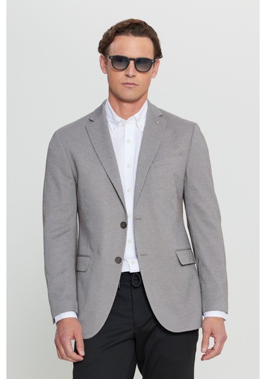 Erkek Vızon 360 Her Yöne Esneyen Slim Fit Dar Kesim Çizgili Kapak Cepli Blazer Ceket Vizon