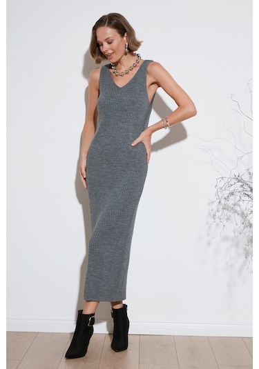 Lela V Yaka Fitilli Uzun Triko Bayan Elbise 4616169 Koyu Gri