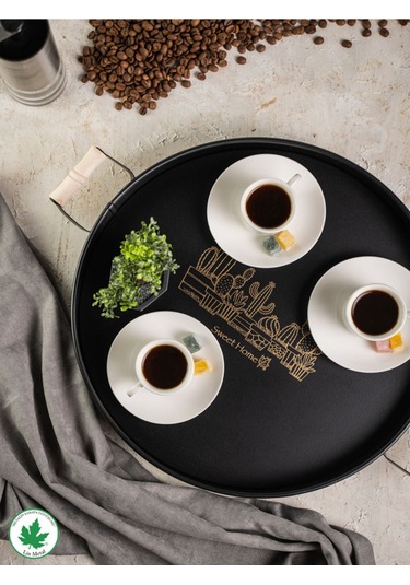 Lin Metal 37cm Yuvarlak Tepsi Ahşap Kulplu Kaktüs Baskılı - Siyah