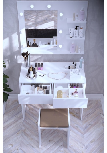 Dekorfim DF02104B Tabureli Çekmeceli Işıklı Aynalı Makyaj Masası