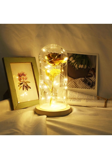 Geeksen Kurutulmuş Gül Led Işık Cam Kapak Ahşap Taban - Doğum Günü, Düğün, Sevgililer Hediye Altın