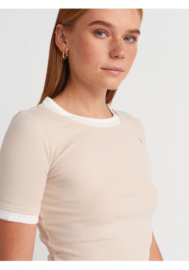 Dilvin 31942 Çift Katlı Büzgülü T-shirt-bej Bej