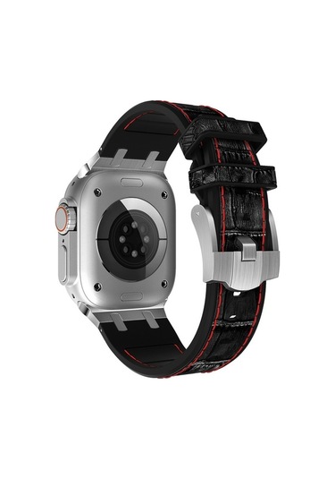 Novahub İos Watch Uyumlu Se 40mm Timsah Desenli Sıvı Silikon Bandı Gümüş Kırmızı Siyah
