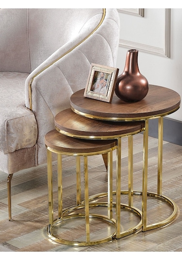 3' Lü Koyu Ceviz Ahşap Gold Metal Sehpa