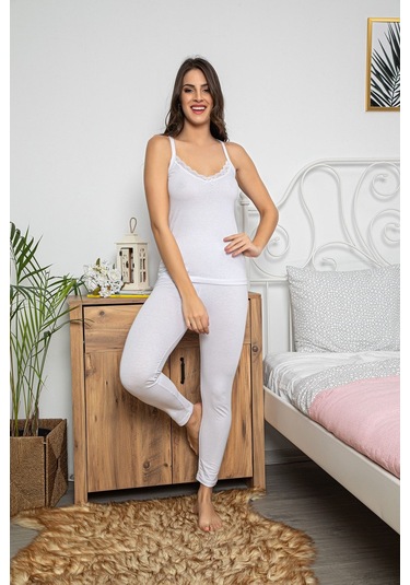 Kadın Beyaz Renkli Dantel Detaylı Şortlu Ve Taytlı Pijama Takımı 3'lü Set 75020 Beyaz