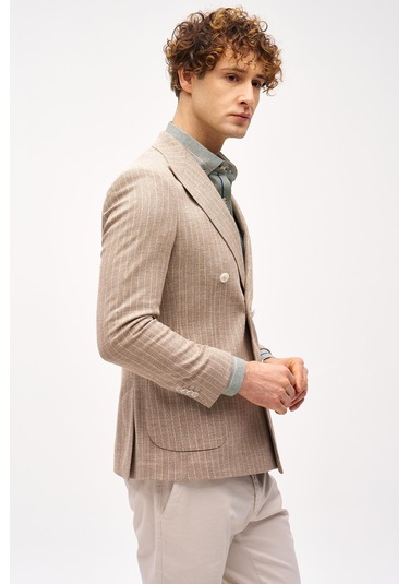 Erkek Bej Slım Fıt / Dar Kalıp Geniş Kırlangıç Ceket-16417 Bej