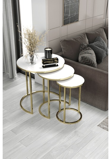 3'lü C Zigon Sehpa Gold Ayak Beyaz Ayna