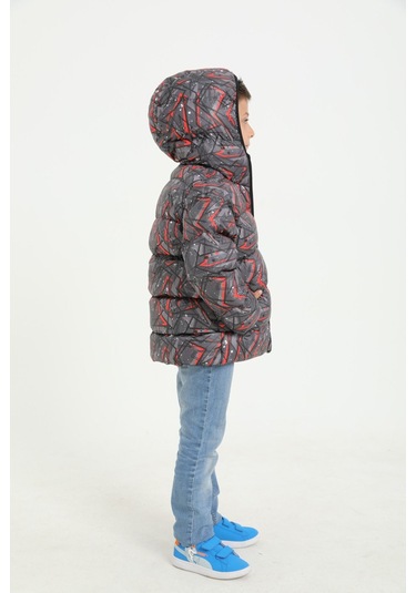 Erkek Çocuk Siyah Geometrik Desen İçi Polar Su Ve Rüzgar Geçirmez Kapüşonlu Cepli Şişme Kışlık Mont Siyah