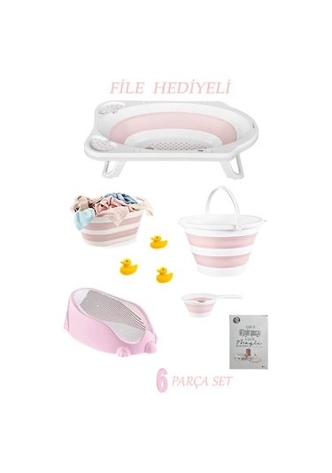 6'lı Bebek Küvet Set Fileli Cm-6 Parça Bebe Setı Katlanır Pembe