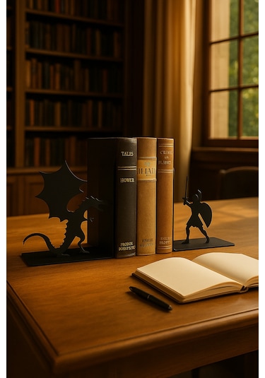 Ejderha Ve Savaşçı Figürlü Metal Kitap Tutucu 2 Li Set Fantastik Dekoratif Kitaplık Aksesuarı