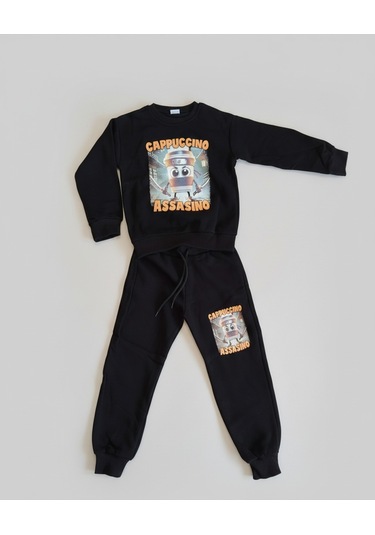 Cappuccino Assasino Baskılı 3 İplik Şardonlu Eşofman Takımı Siyah