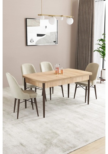 Sar Pakete Almira Serisi, Meşe Desen 80x132 Açılabilir Mdf Mutfak Masası Takımı 4 Adet Sandalye Krem