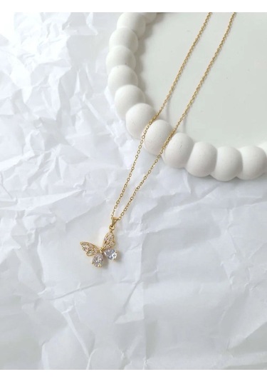 Çelik Gold Taşlı Kelebek Kadın Kolye Sevgiliye Hediye