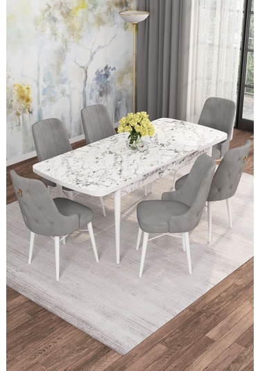Mona Beyaz Mermer 80x132 Açılabilir Mdf Masa Yemek Odası Takımı, Mutfak Takımı 6 Adet Sandalye Beyaz Mermer - 6 Gri - Beyaz Ayak